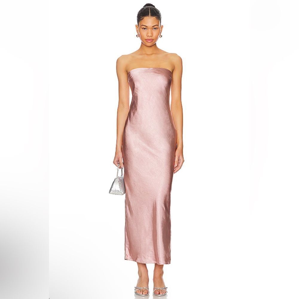 More To Come Emma dress blush pink satin strapless midi maxi bias slip Revolve M